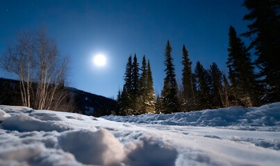 the moonlight shining on snow-covered ground, with spruce trees in the background