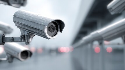 Close-up of several surveillance cameras, appearing metallic and capturing blurred background, symbolizing security