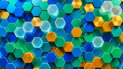 Vibrant Geometric Hexagon Pattern Background in Blue, Green, and Gold for Modern Branding Technology and Creative Design Concept
