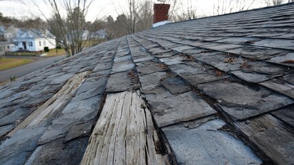 Close-up of an old, weathered rooftop with grey slate tiles, wood beams, and a glimpse of a suburban street in background