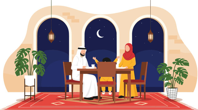 Muslim Arab family having traditional dinner at home during Ramadan night with crescent moon and lanterns vector illustration