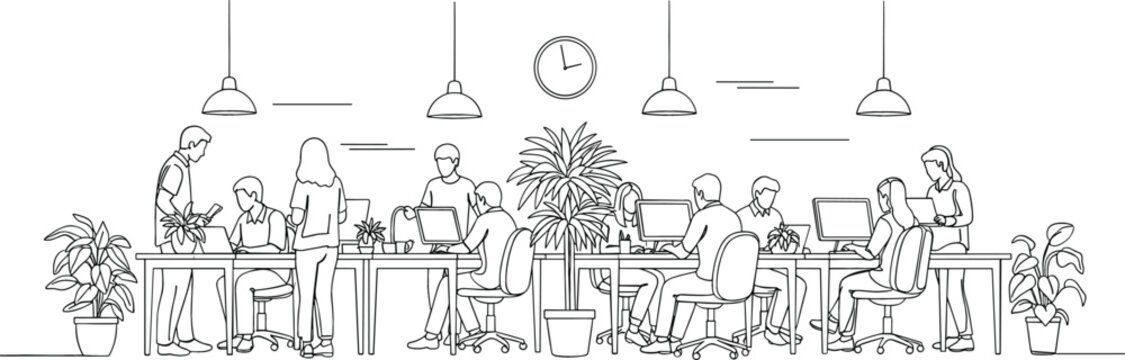 Modern office workspace with team of creative professionals working on computers in collaborative environment outline vector illustration for business