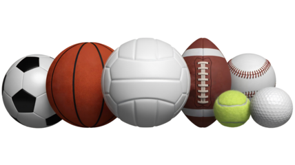A collection of various sports balls including soccer basketball volleyball football baseball tennis golf, isolated on transparent background