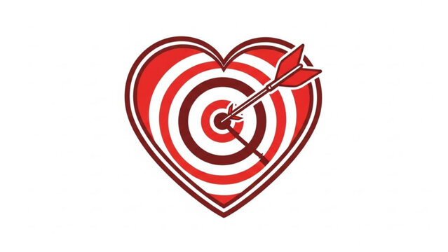 Red heart shaped target with arrow hitting the center on white background