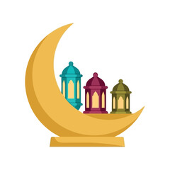 Obraz premium Ramadan vector with crescent moon and colorful lanterns for Islamic holiday design