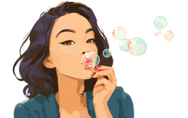 Cartoon girl blowing bubbles with smiling expression showing playful joy happiness and cheerful fun isolated on transparent background PNG