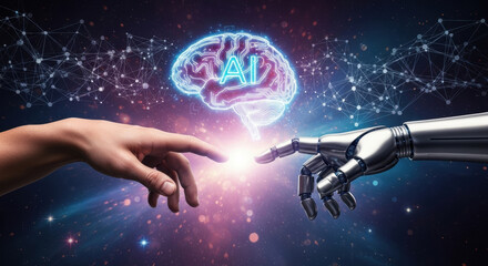 A human hand reaches out to touch a robotic hand, with a glowing digital brain in the background. Illustrates future technology and artificial intelligence concept in space.