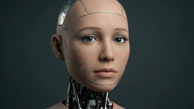 Disruptive technology concept showcasing futuristic humanoid robot with lifelike face, mechanical parts, artificial intelligence, and cyborg features