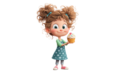 Whimsical cartoon illustration of a happy girl holding a cupcake representing fun joy creativity and youthful charm isolated on transparent background PNG
