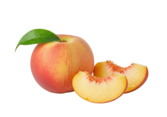 Perfectly ripe peach with green leaf, two glistening peeled slices on smooth light grey surface against blurred transparent bokeh background, inviting freshness and wholesome eating concept