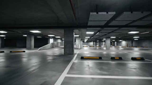 P316-dark empty underground parking lot with square lights illuminating space creating modern and indus 4K 10s