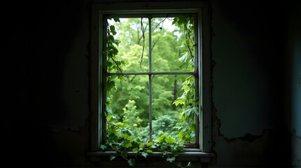 Fototapeta premium Abandoned room's window with vines growing through it