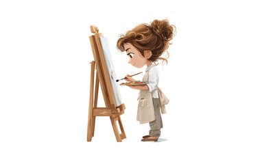 Cartoon girl painting on an easel with a focused expression showing concentration creativity and playful childhood imagination isolated on transparent background PNG