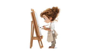 Cartoon girl painting on an easel with a focused expression showing concentration creativity and playful childhood imagination isolated on transparent background PNG