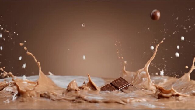 Chocolate bar bursts through a milk splash, erupting in a glossy, creamy, dynamic moment. In frame.!