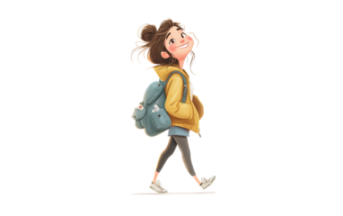 Adorable cartoon girl expressing pure joy while walking with a backpack symbolizing fun adventure and cheerful expression isolated on transparent background PNG
