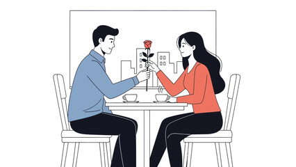 Man giving red rose to woman at coffee shop