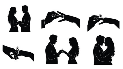 Couple exchanging rings in romantic silhouette illustration