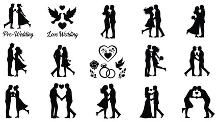 Collection of black silhouette wedding couple illustration