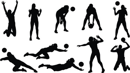 Black silhouette vector illustration set of female volleyball players in action, diverse athletes serving, spiking, diving, and jumping during a competitive sports match.