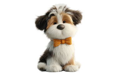 Whimsical cartoon illustration of a happy puppy wearing a bow tie representing fun creativity and youthful appeal isolated on transparent background PNG