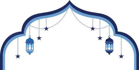 Blue Islamic Arch Frame with Hanging Lanterns and Stars Illustration © JanSae Design