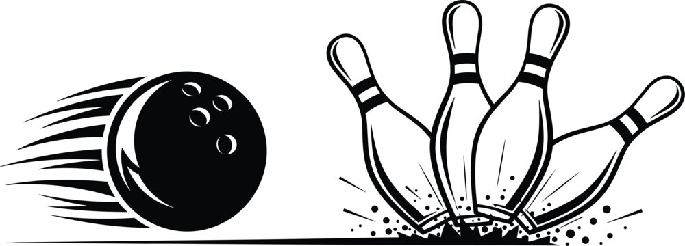 Action bowling strike vector illustration with black ball hitting pins and scattering debris in minimalist line art style