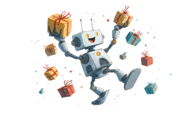 Cheerful animated robot entertaining by juggling wrapped presents showing excitement and celebration isolated on transparent background PNG