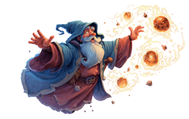 Cheerful animated wizard performing enchanting magic with wand and colorful spell effects isolated on transparent background PNG