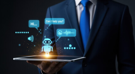 A man in a blue suit holds a tablet displaying a hologram of a chatbot with speech bubbles on a dark backdrop, symbolizing modern AI technology.