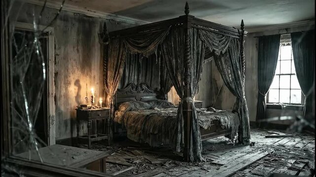 Haunted Bedroom, Abandoned Room, Spooky Interior, Dark Atmosphere, Four-Poster Bed, Creepy Decor, Gothic Style, Horror Scene, Eerie Ambiance, Desolate Space