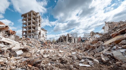 A deconstructed building site featuring a partially demolished structure with scattered debris and a bright, cloudy sky in the background