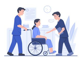 Doctor Talking to the Admitted Patient who Sitting in Wheelchair Pushed by Male Nurse in Hospital Ward Room for Healthcare and Health Check-Up Concept Illustration