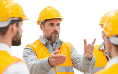 Experienced foreman communicating with construction workers to ensure safety and task efficiency isolated on transparent background PNG