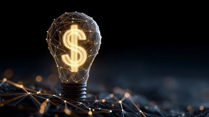 Glowing lightbulb with dollar symbol inside, connected by digital network against a dark background, representing innovation and money