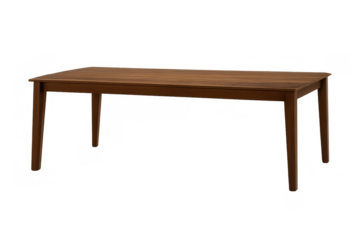 Wooden dining table with a brown finish, presenting a minimalist design ideal for modern home interiors, isolated with transparent background