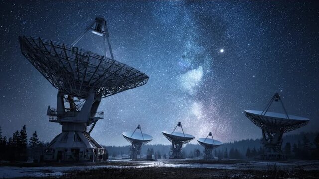 Night sky above massive radio dishes under the Milky Way; silent vast, futuristic observatory today