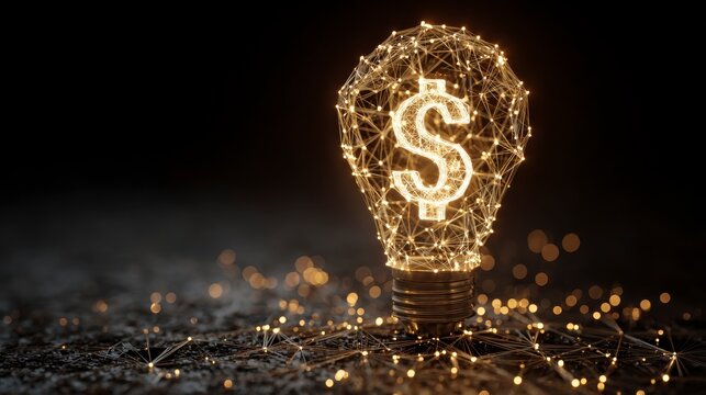 Illuminated lightbulb, formed by connected nodes, features a dollar sign symbol, set against a dark background, and an abstract network - Powered by Adobe