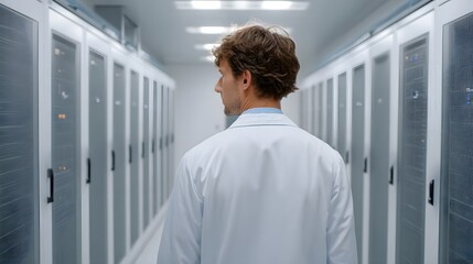 A technician in a lab coat walks down a modern data center corridor lined with server racks