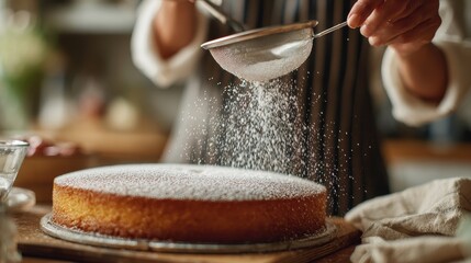 Woman with sieve sprinkling sugar powder on sponge cake in kitchen