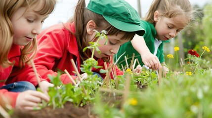 Kids gardening: Young girls planting in a vibrant outdoor garden, learning about plants and nature education