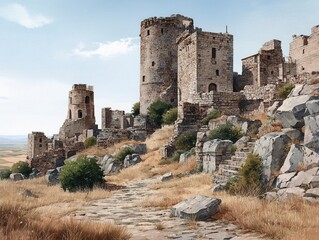 Naklejka premium Ancient stone castle ruins on rocky hillside with clear sky and dry grass landscape in daytime