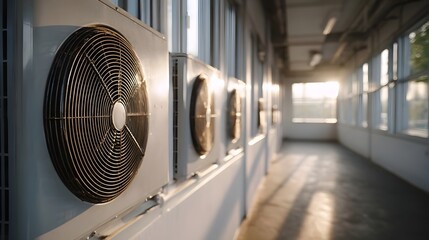 Row of outdoor air conditioning units mounted on a white wall along a bright sunlit building corridor
