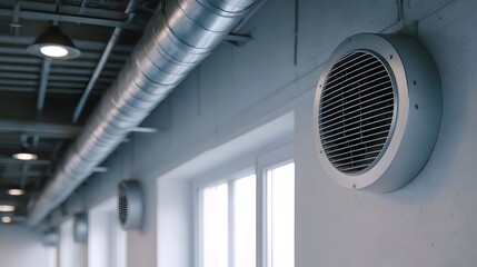 Industrial corridor with ventilation ducts and circular air vents on a wall