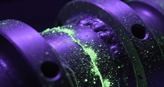 Close-up of a metallic mechanical component with glowing green highlights, showcasing intricate details