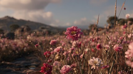 Pink Flowers Field With Mountain Background