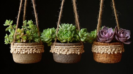 Three decorative hanging planters containing various succulent plants suspended against a dark background