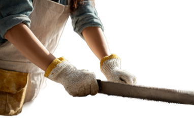 Professional female construction worker handling hand saw on timber ensuring workflow efficiency and precision isolated on transparent background PNG