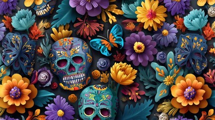 Vibrant floral pattern featuring intricately decorated skulls and butterflies against a dark background