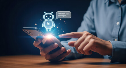A person holding a phone with a holographic AI chatbot projected above the screen. The image focuses on technology, communication, and the integration of AI in mobile devices.